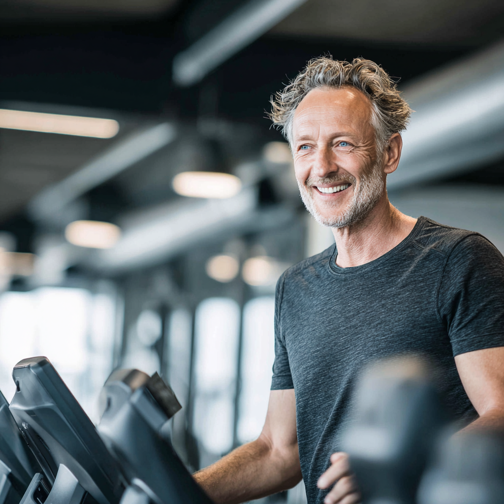 Middle-aged person exercising with confidence and joy in modern fitness environment